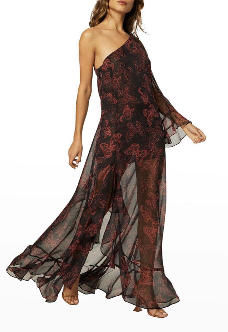 $480 MISA Los Angeles Women's Black Butterfly Print One-Shoulder Dress large NWT